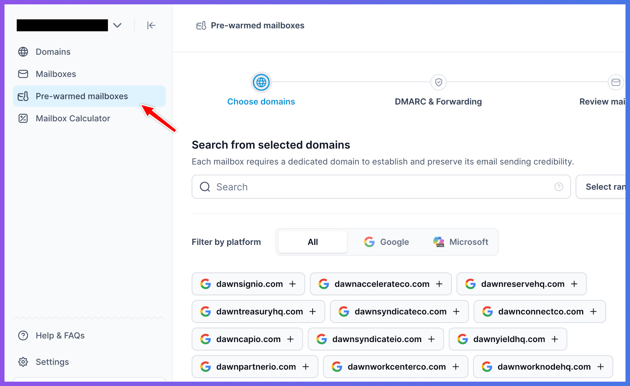 pre-warmed domains you can browse and filter by Google or Microsoft in Primeforge