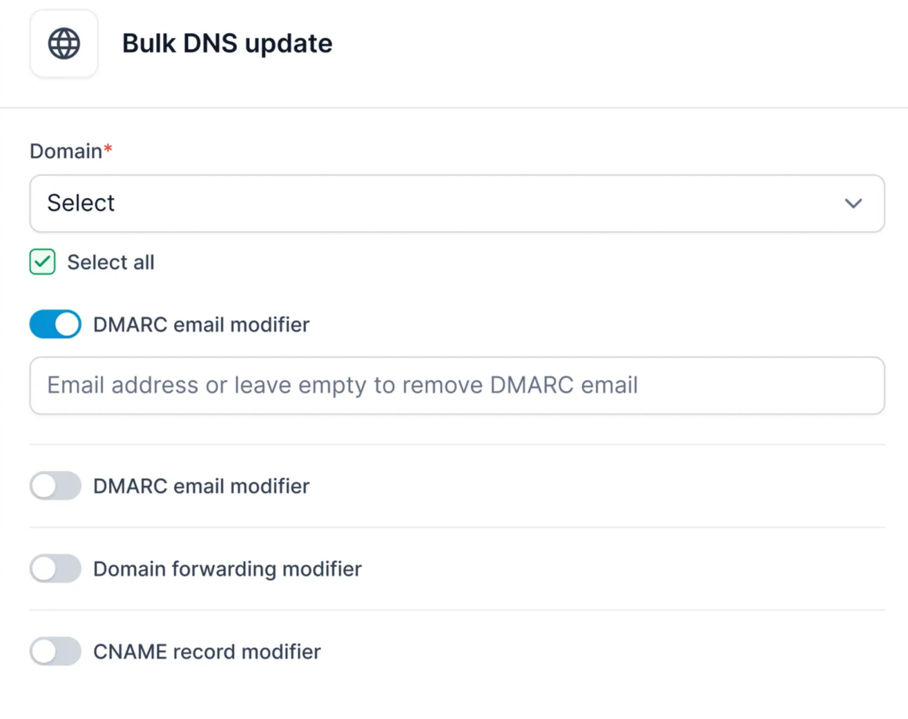 DMARC, forwarding, and CNAME changes applied to several domains at once in Primeforge