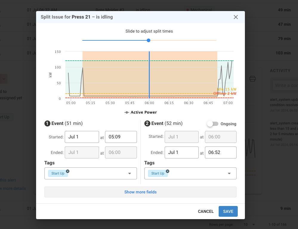 Real-time monitoring of equipment operations