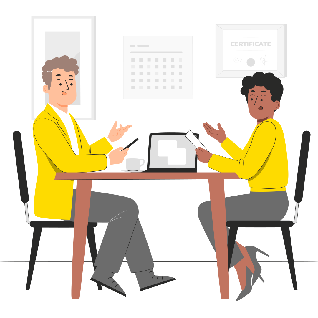 A vector illustration of two business people talking with each other at a conference table.