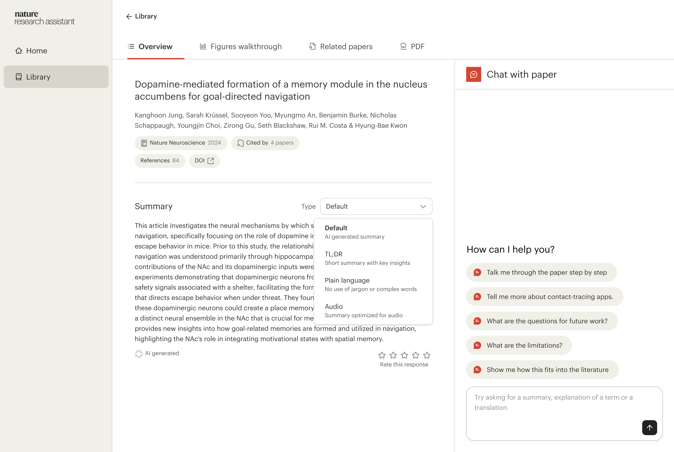 Overview tab in Reading Assistant with summary of the article on digital measurement of SARS-CoV-2 transmission risk. Interactive elements for obtaining further information.