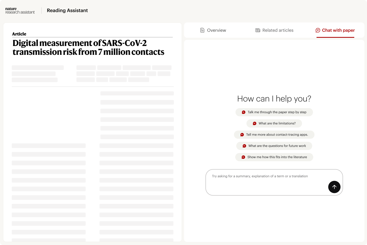 Reading Assistant interface showing an article titled 'Digital measurement of SARS-CoV-2 transmission risk from 7 million contacts.' The right side panel features a chat functionality labeled 'Chat with paper,' offering options to explore the paper such as talking through the paper step by step, discussing limitations, and learning more about contact-tracing apps.