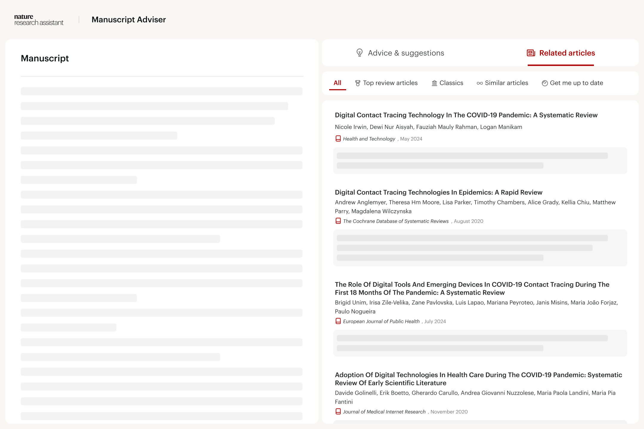 Related Articles tab in Manuscript Advisor displaying manuscript text on the left and a list of related articles on the right categorized by type.