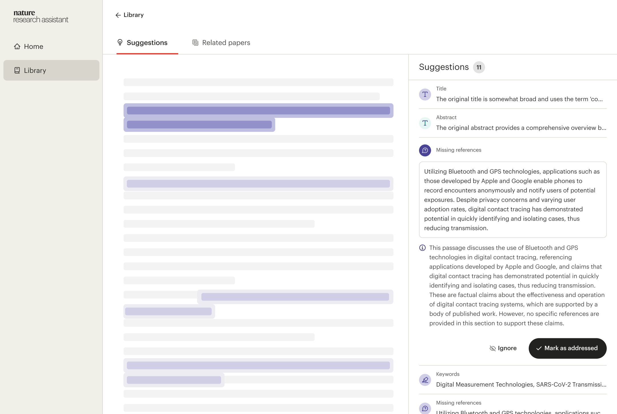 Advice & Suggestions tab in Manuscript Advisor showing highlighted text in a manuscript and suggestions on the right for missing references.