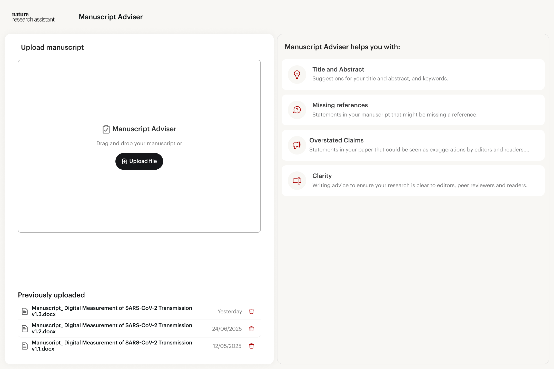 Manuscript Advisor upload screen with options to drag and drop or upload a file. Features recent uploads section.