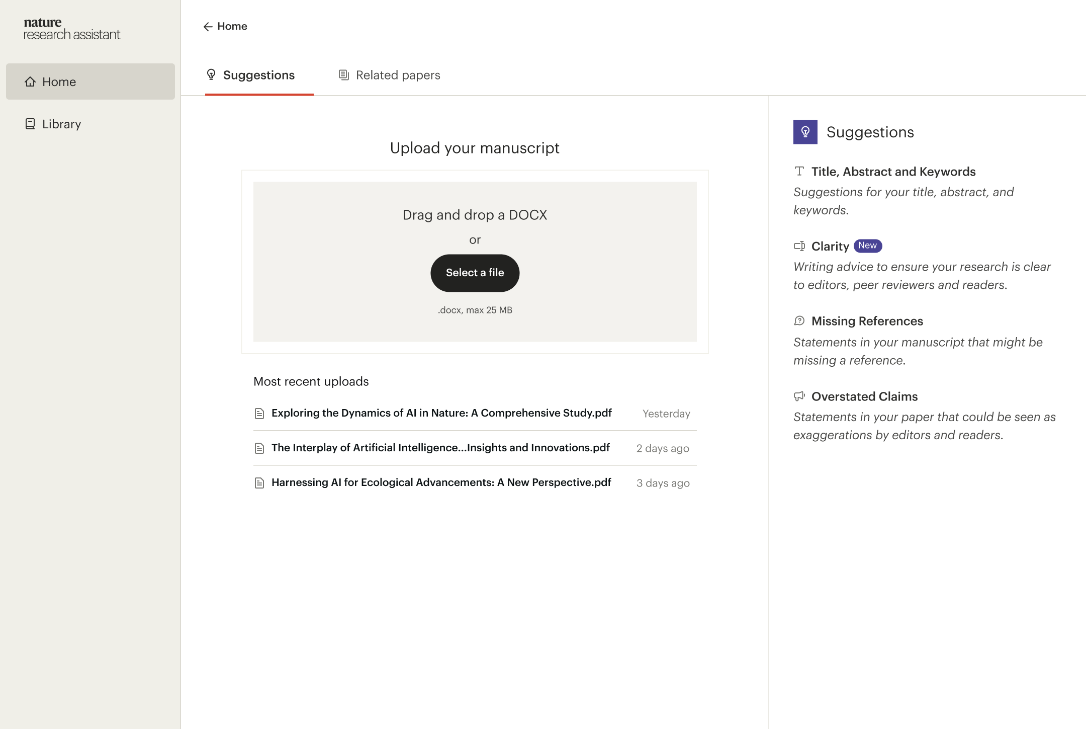 Manuscript Advisor upload screen with options to drag and drop or upload a file. Features recent uploads section.