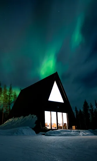 Magische Nacht in Schweden: Eine moderne Lodge des ESC European Speed Club unter den tanzenden Nordlichtern.