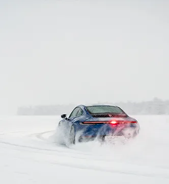 Ein blauer Porsche 911 des European Speed Club aus der Heckansicht, während er durch eine minimalistische Schneelandschaft fährt.

