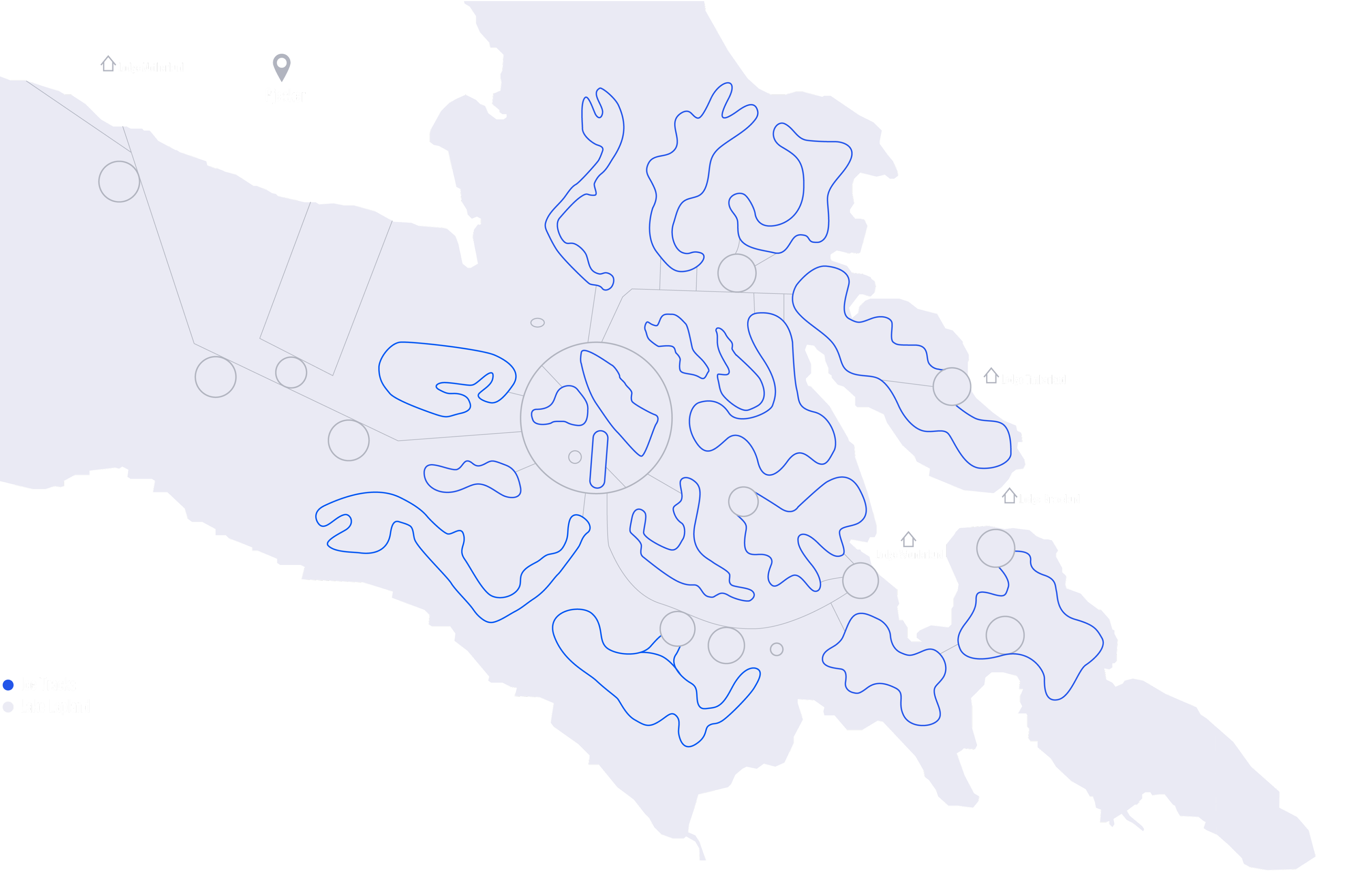 Karte von Lappland mit markierten Eisstrecken (blau) und Seen (grau), sowie Lodges: Motherland, Wonderland, Timberland und Graceland.