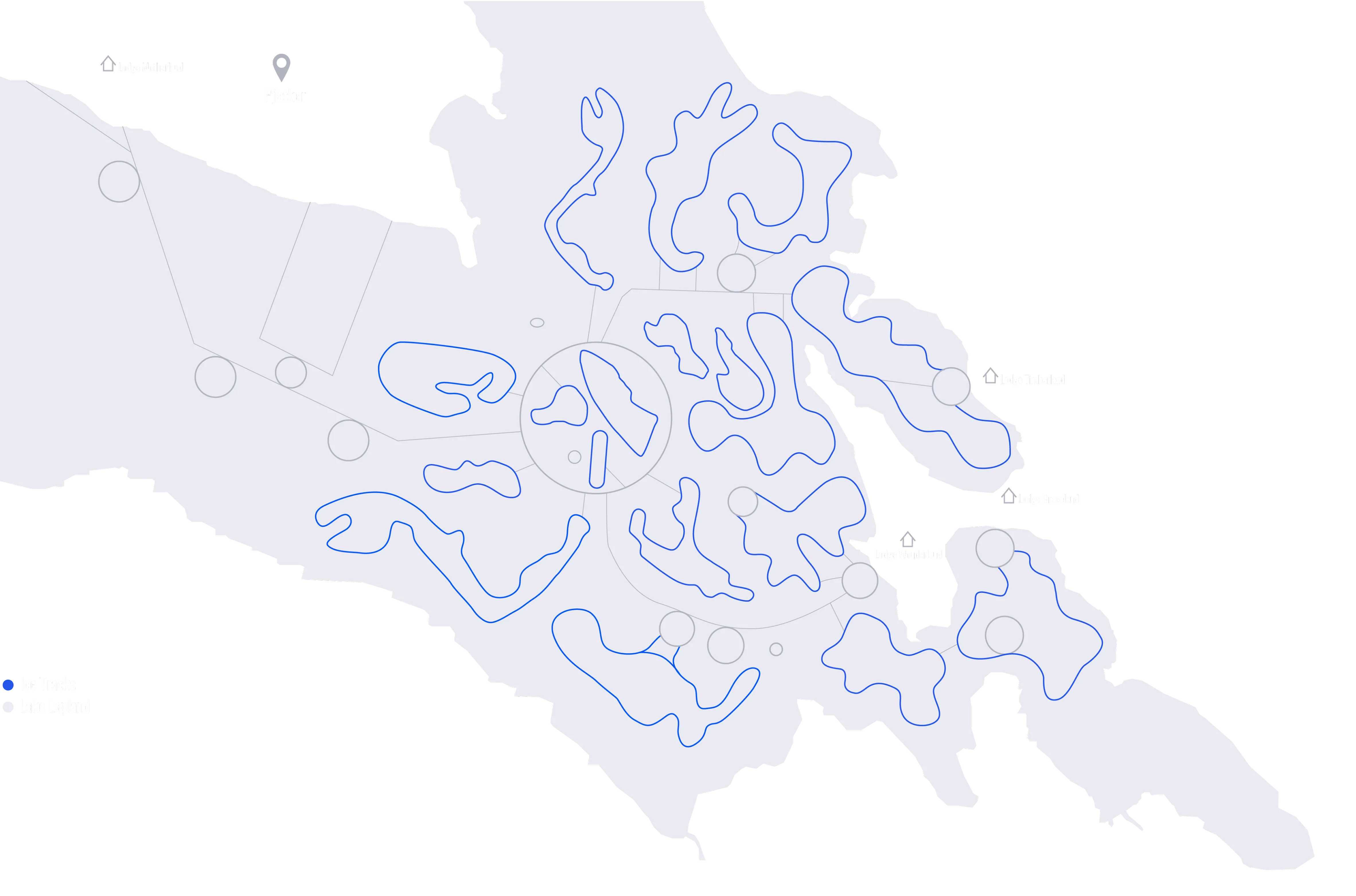 Karte von Lappland mit markierten Eisstrecken (blau) und Seen (grau), sowie Lodges: Motherland, Wonderland, Timberland und Graceland.