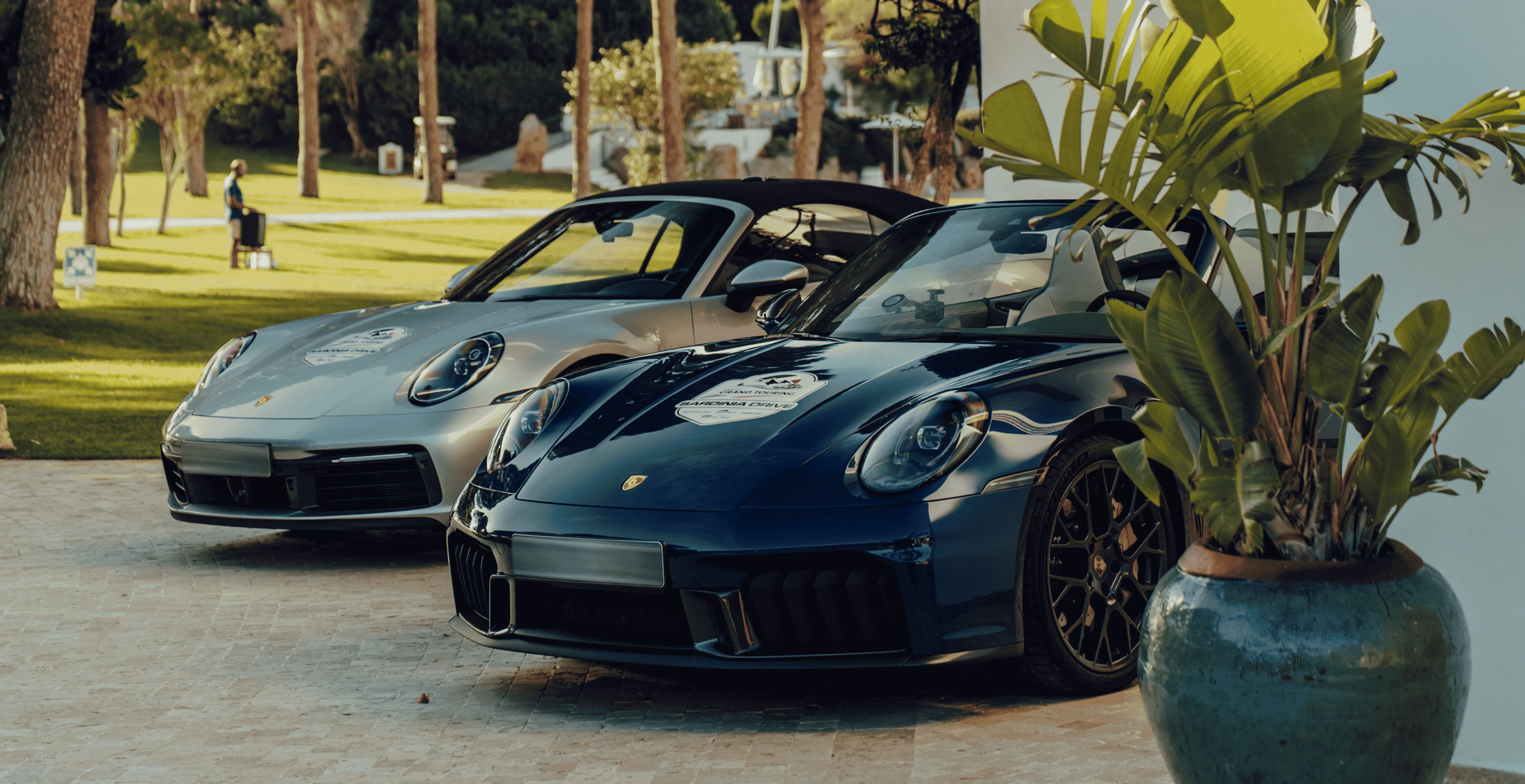 Zwei Porsche-Sportwagen, ein silberner und ein blauer, nebeneinander geparkt neben einer großen Topfpflanze.