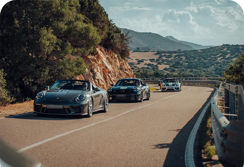 Drei sportliche Porsche-Fahrzeuge fahren auf einer kurvigen Landstraße mit bergiger Landschaft und Bäumen.