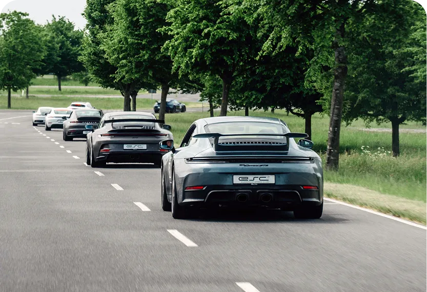 Mehrere sportliche Graufahrzeuge fahren in einer Reihe auf einer von Bäumen gesäumten Landstraße.