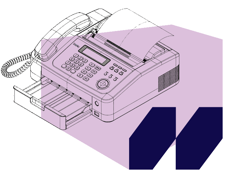 Line drawing of a fax machine with a handset, keypad, display screen, and paper output tray.
