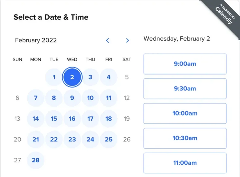 February 2022 calendar showing date selection on February 2 with available times from 9:00am to 11:00am.