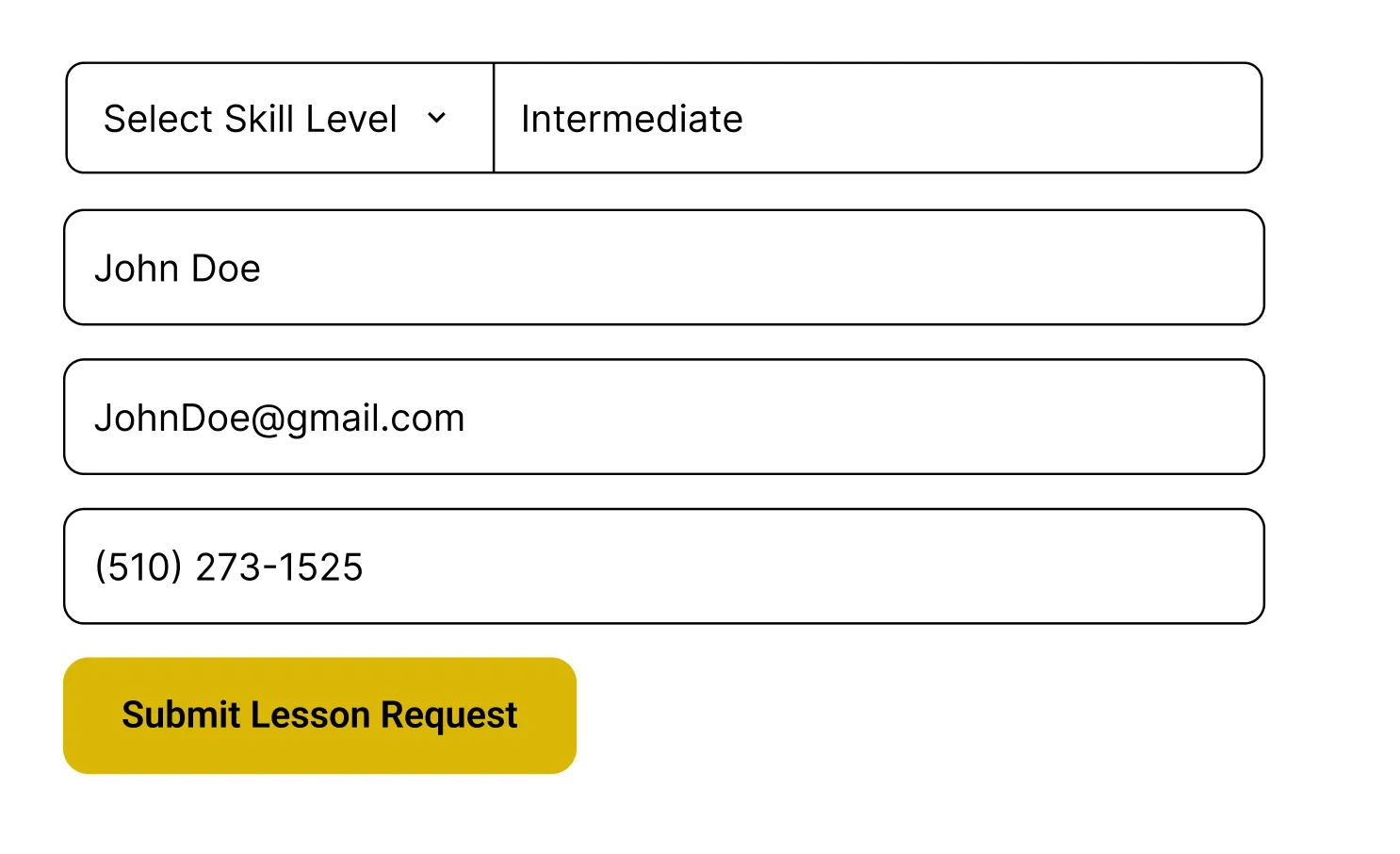 Form fields for skill level set to Intermediate, name John Doe, email, phone, and yellow submit button.