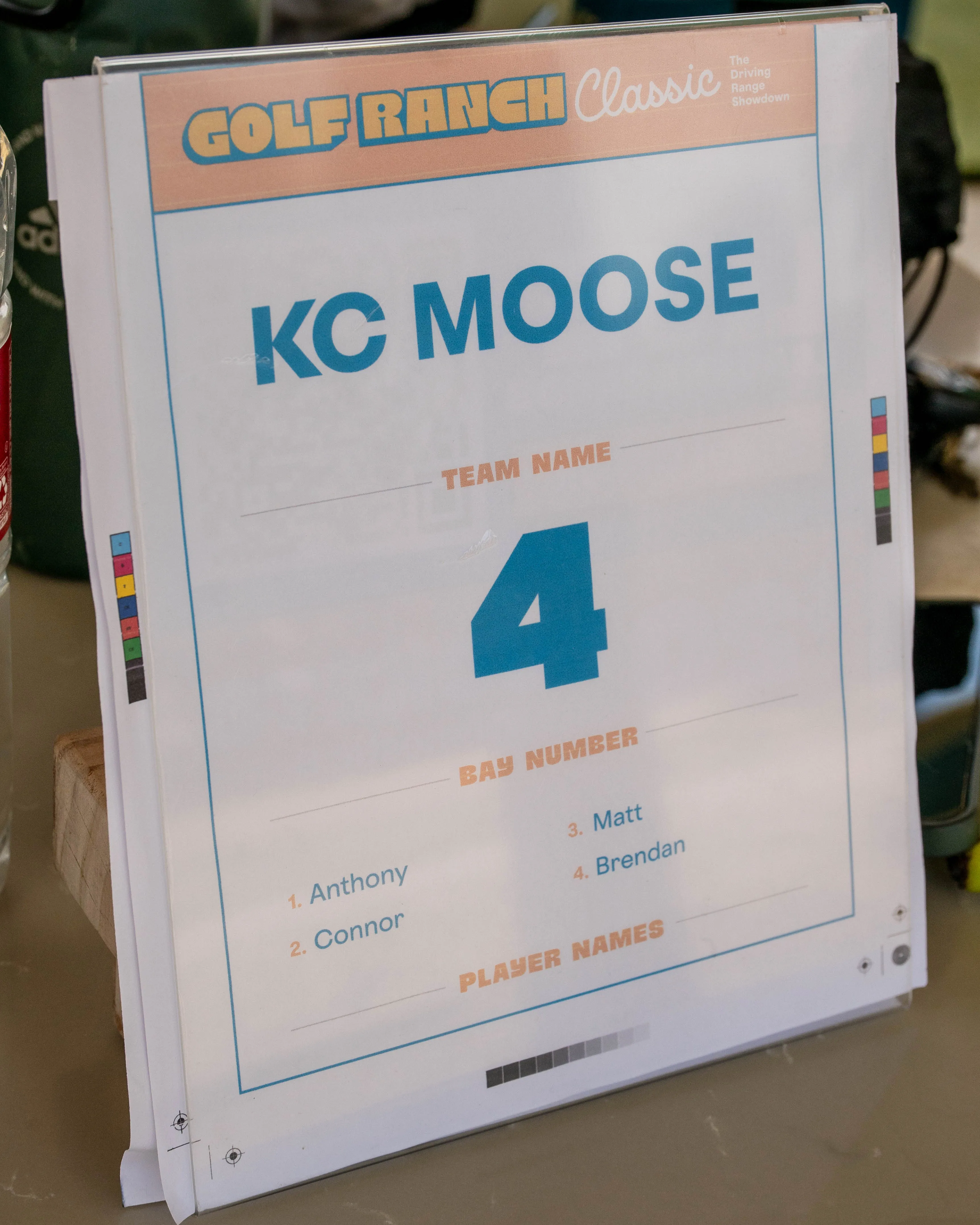 Golf Ranch team sign with team name KC Moose, bay number 4, and player names Anthony, Connor, Matt, Brendan.