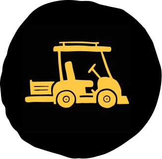 Simple yellow golf cart icon on a black square background.