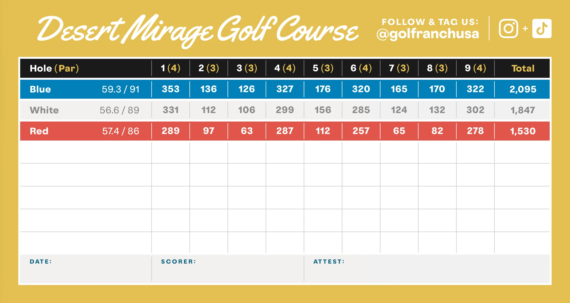 Scorecard for Desert Mirage Golf Course showing holes 1 to 9 with distances in yards for blue, white, and red tees.