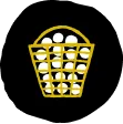 Yellow basket filled with white golf balls on a black background.