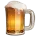 Glass mug filled with amber beer and a frothy white head on a white background.