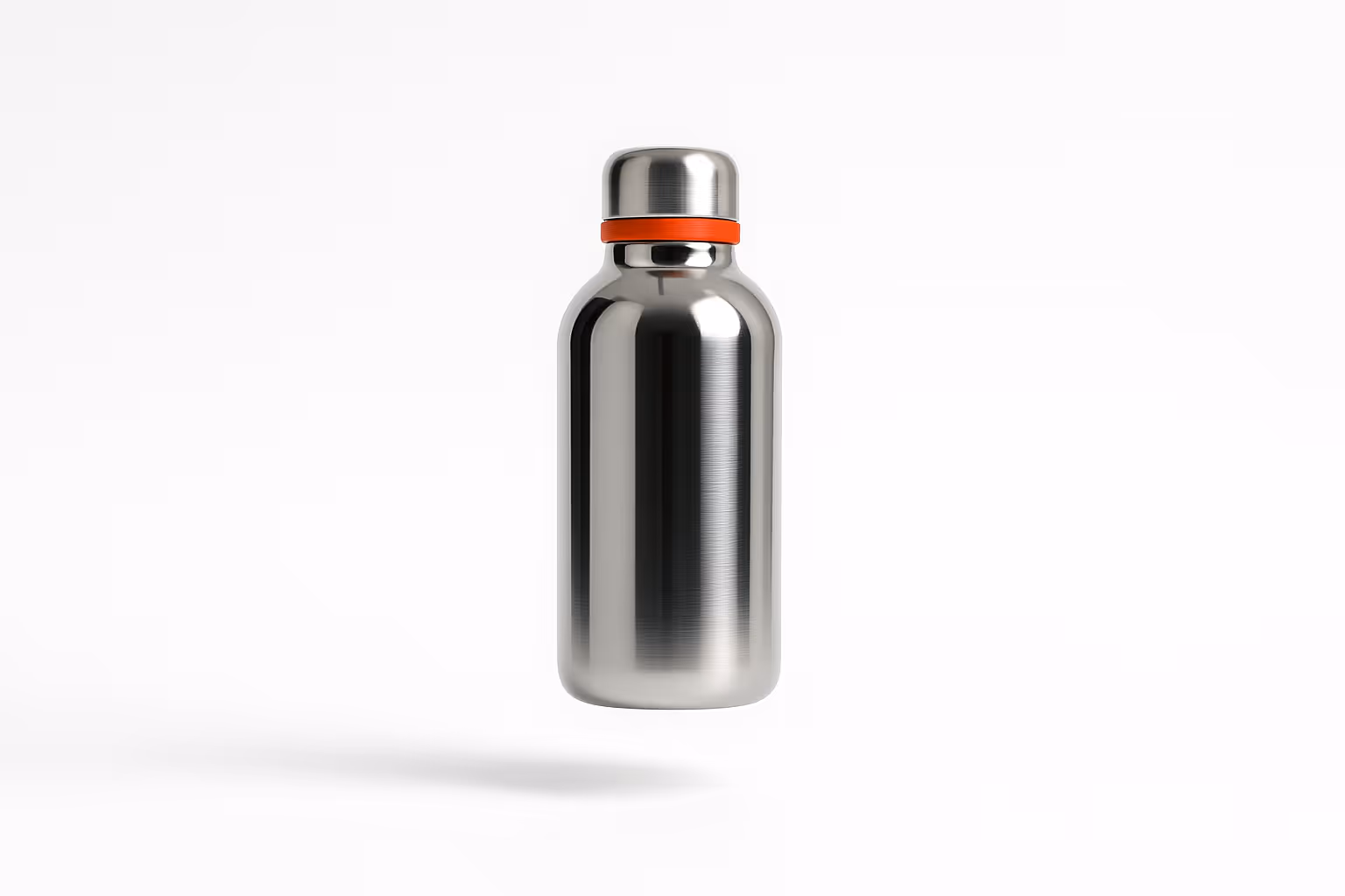 Stainless steel water bottle with a red ring near the cap on a white background.