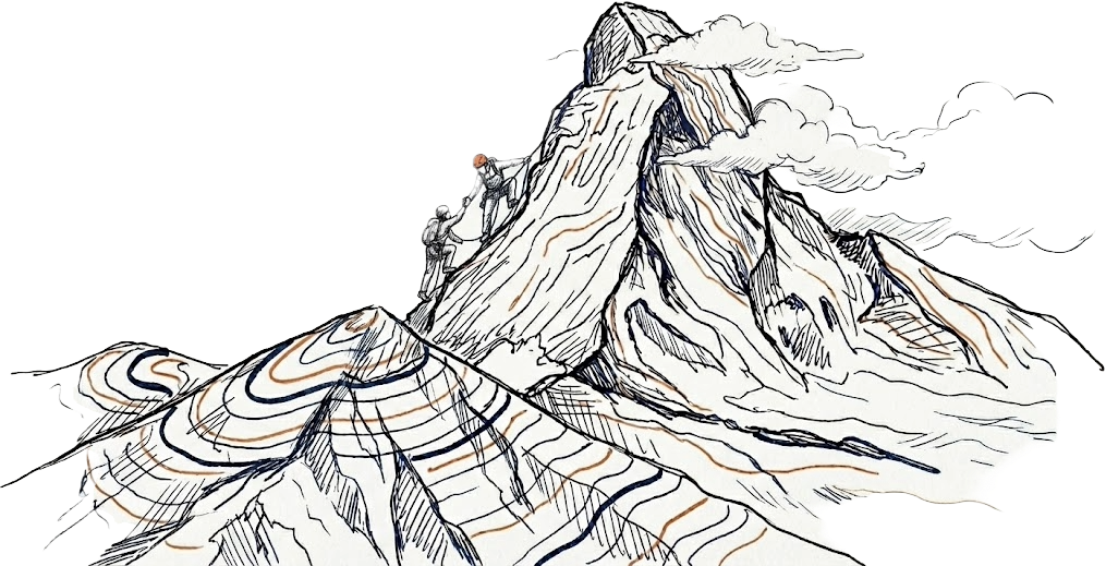 Sketch of two climbers ascending a steep mountain with contour lines and clouds around the peak.