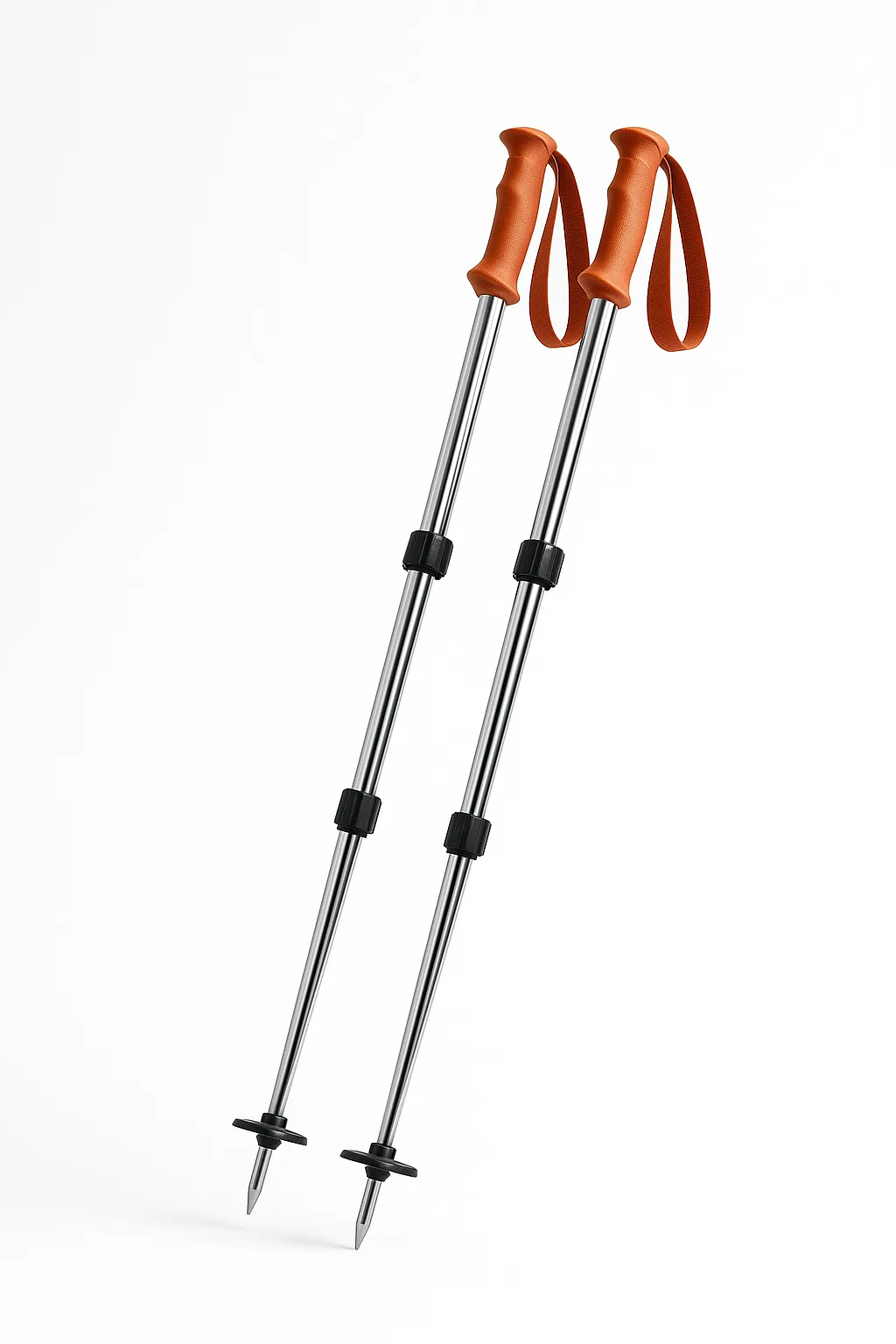 A pair of trekking poles with orange grips