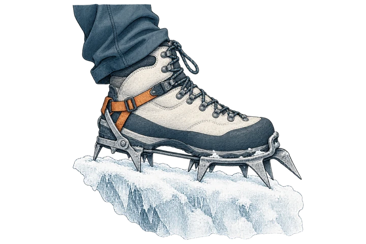 A crampon gripping the ice beneath a mountaineering boot