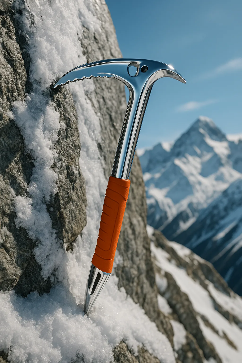 An ice axe with an orange grip anchored into a snowy rock face