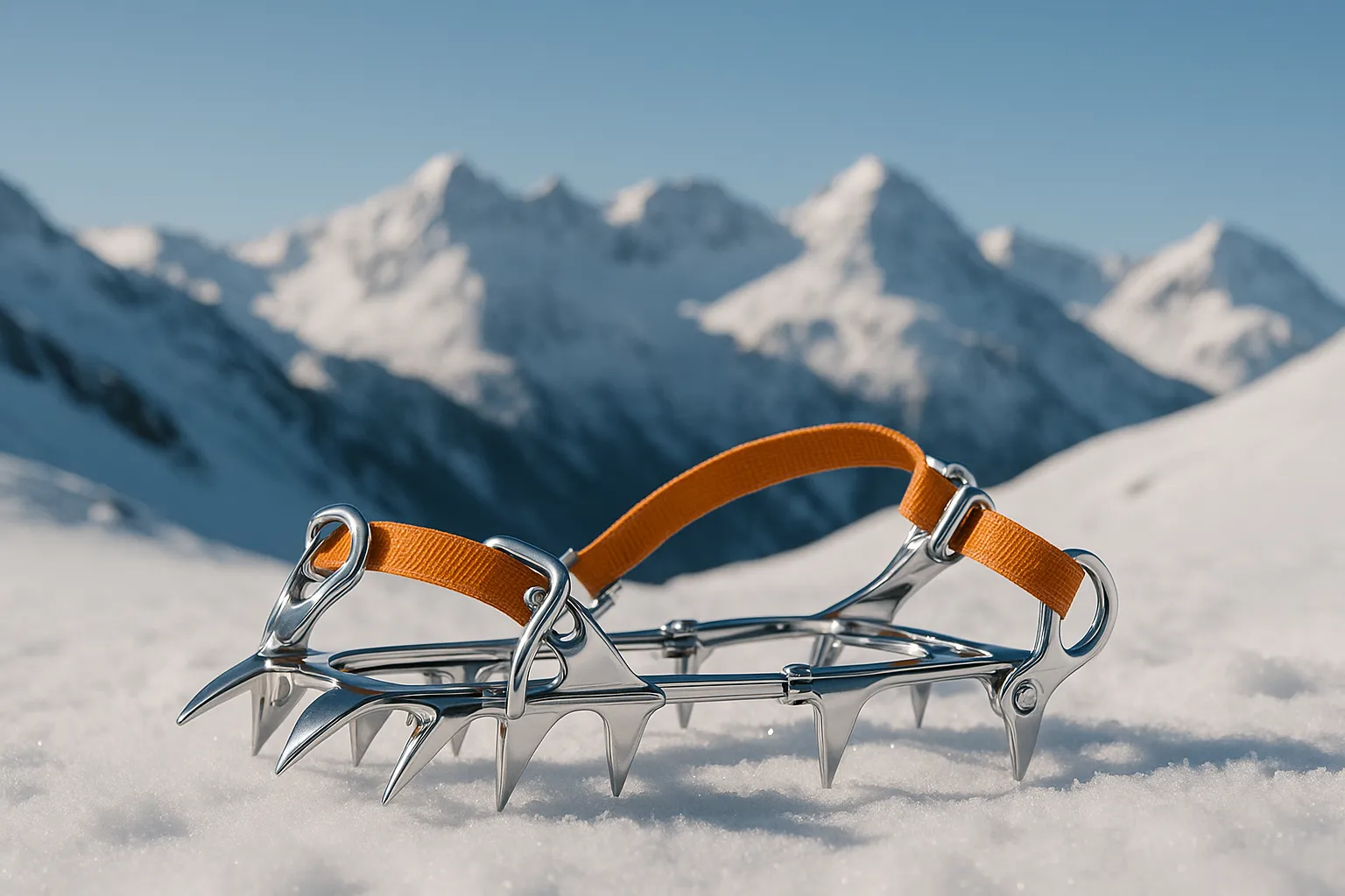 Orange-strapped crampons on snow, ready to provide traction