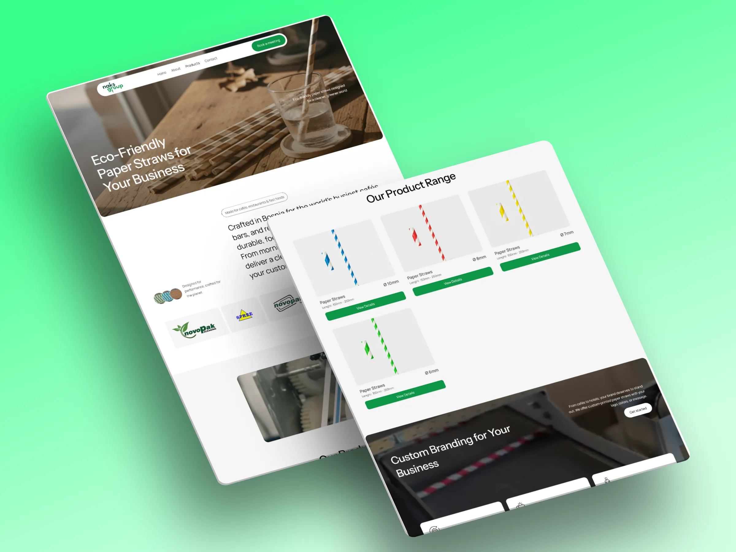 Eco-friendly striped paper straws laid on a wooden surface next to a glass of water with a paper straw.