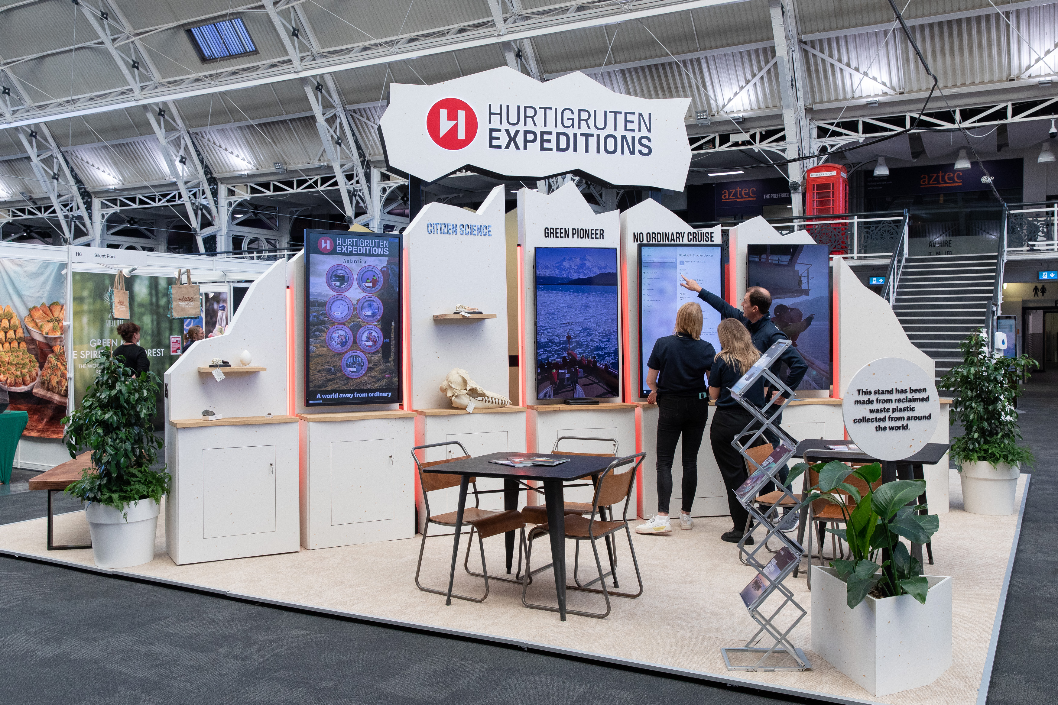 Hurtigruten's booth at The Sustainability Show in London, floored in ECONYL made from fishing nets.