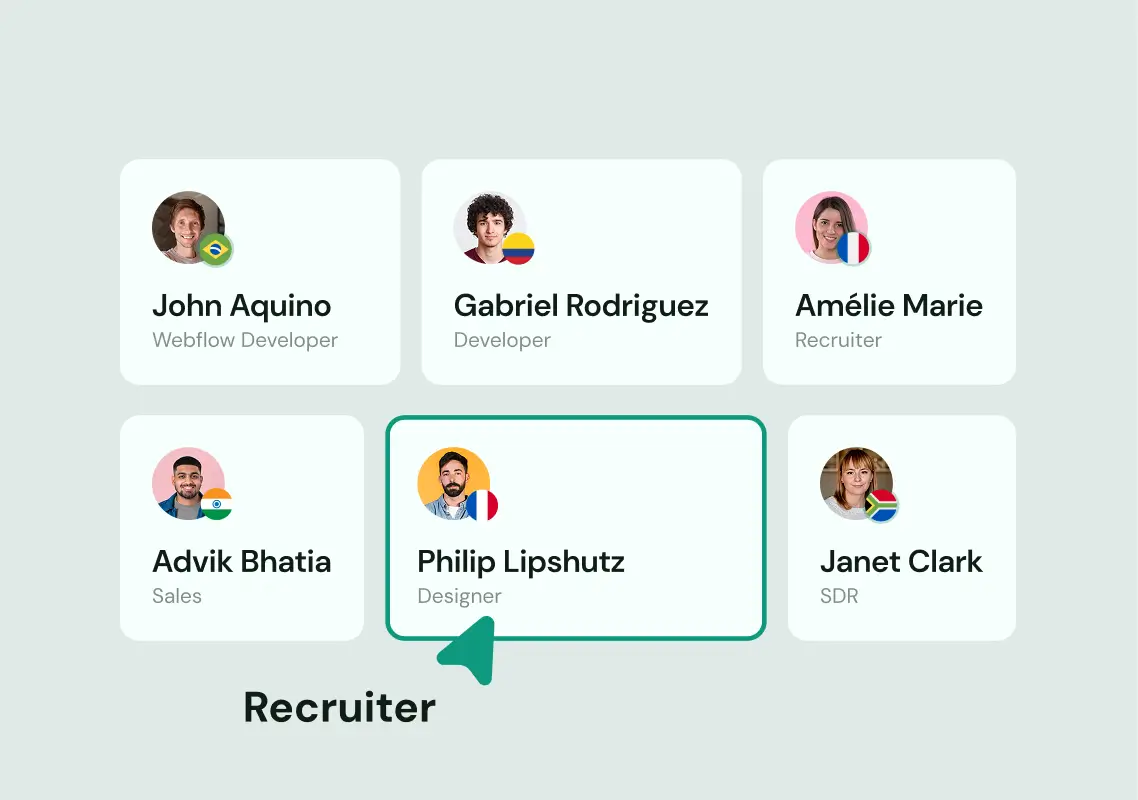 Recruiter reviewing international candidates’ profiles for a direct hire role, showcasing global hiring reach.