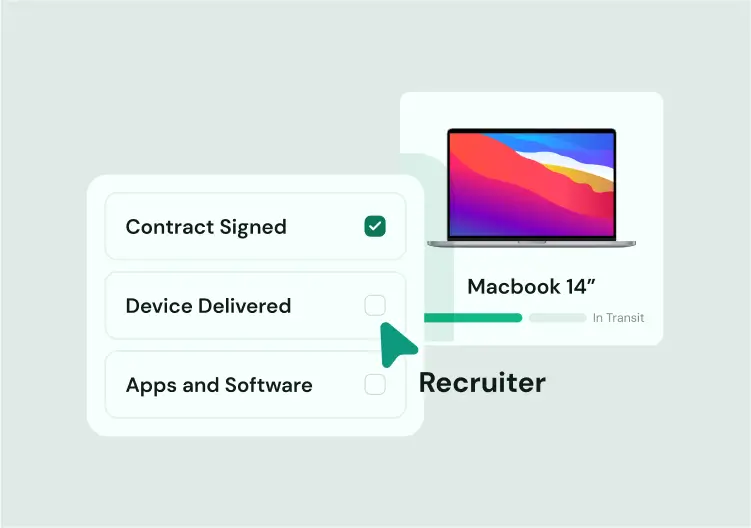 Onboarding checklist showing contract signed and pending device and software delivery, highlighting Somewhere's end-to-end support.