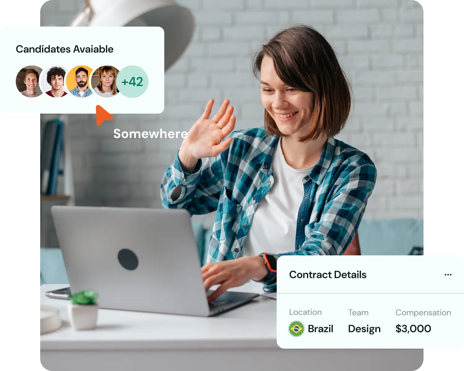 Smiling woman waving at her laptop, with overlays showing available candidates and contract details, representing remote onboarding with Somewhere.