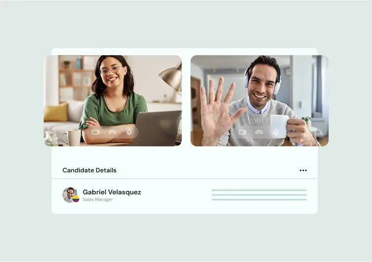 Video call between candidates and a hiring manager, featuring profile details to illustrate the interview stage.