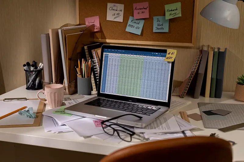 Data analyst workspace with organized notes and spreadsheet demonstrating professional efficiency and analytical expertise