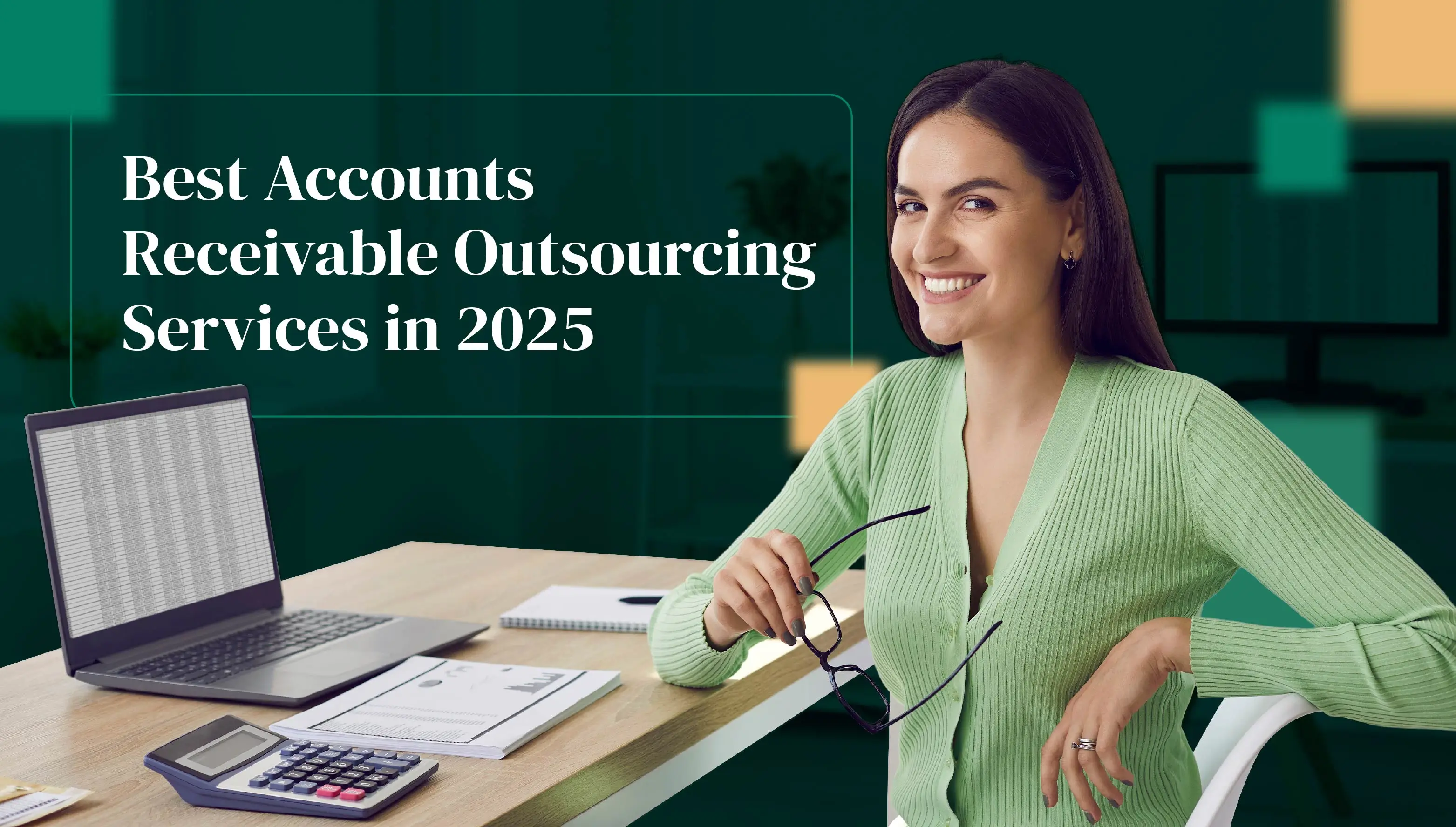 Smiling accounts receivable specialist with financial spreadsheets representing Somewhere's world-class outsourcing services