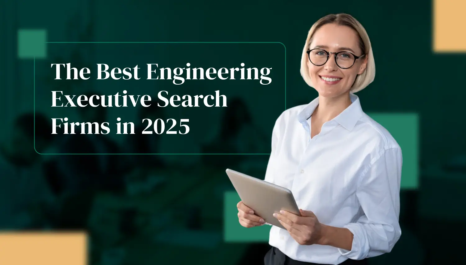 Smiling engineering executive with tablet representing Somewhere's premium engineering leadership search and recruitment services
