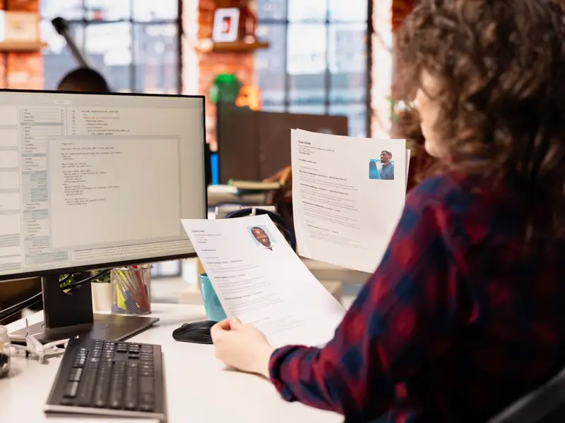 HR recruiter reviewing printed candidate resumes at office desk with computer for strategic talent evaluation