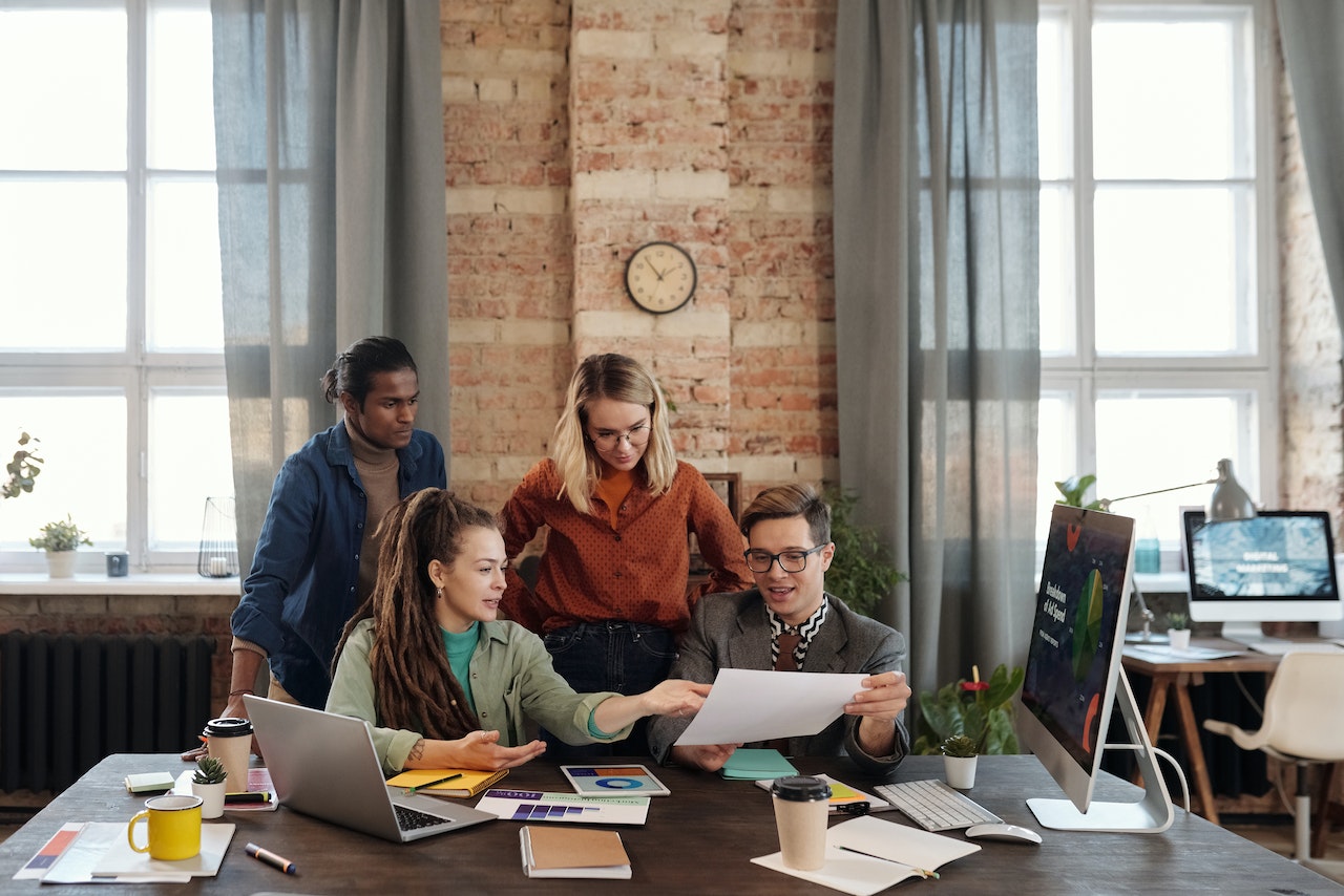 A marketing team brainstorming together