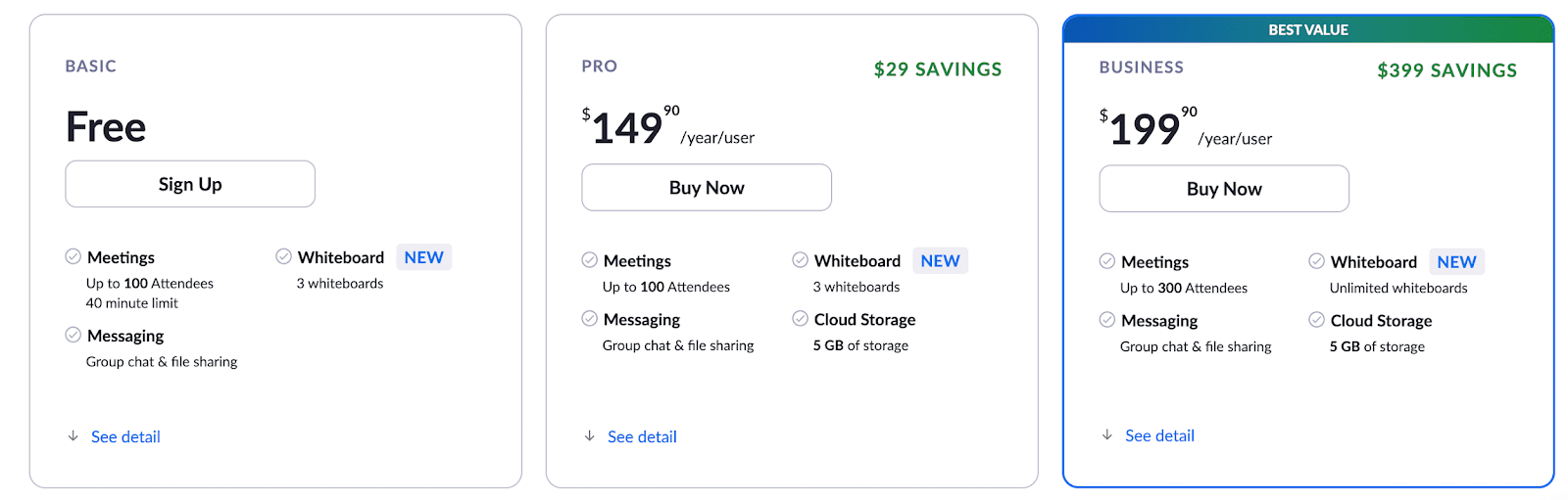 The three pricing tiers for Zoom.
