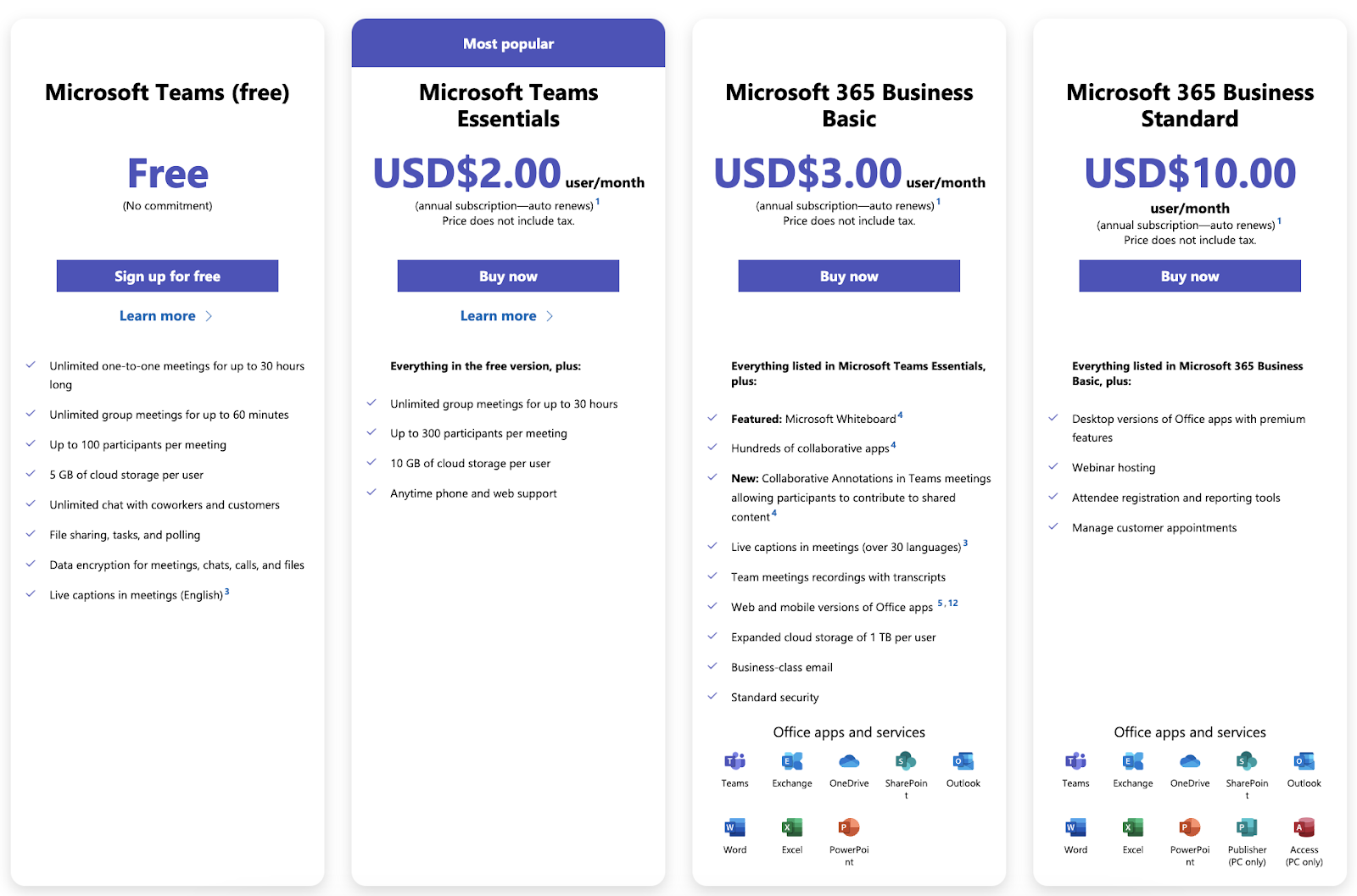 Microsoft Teams pricing tiers