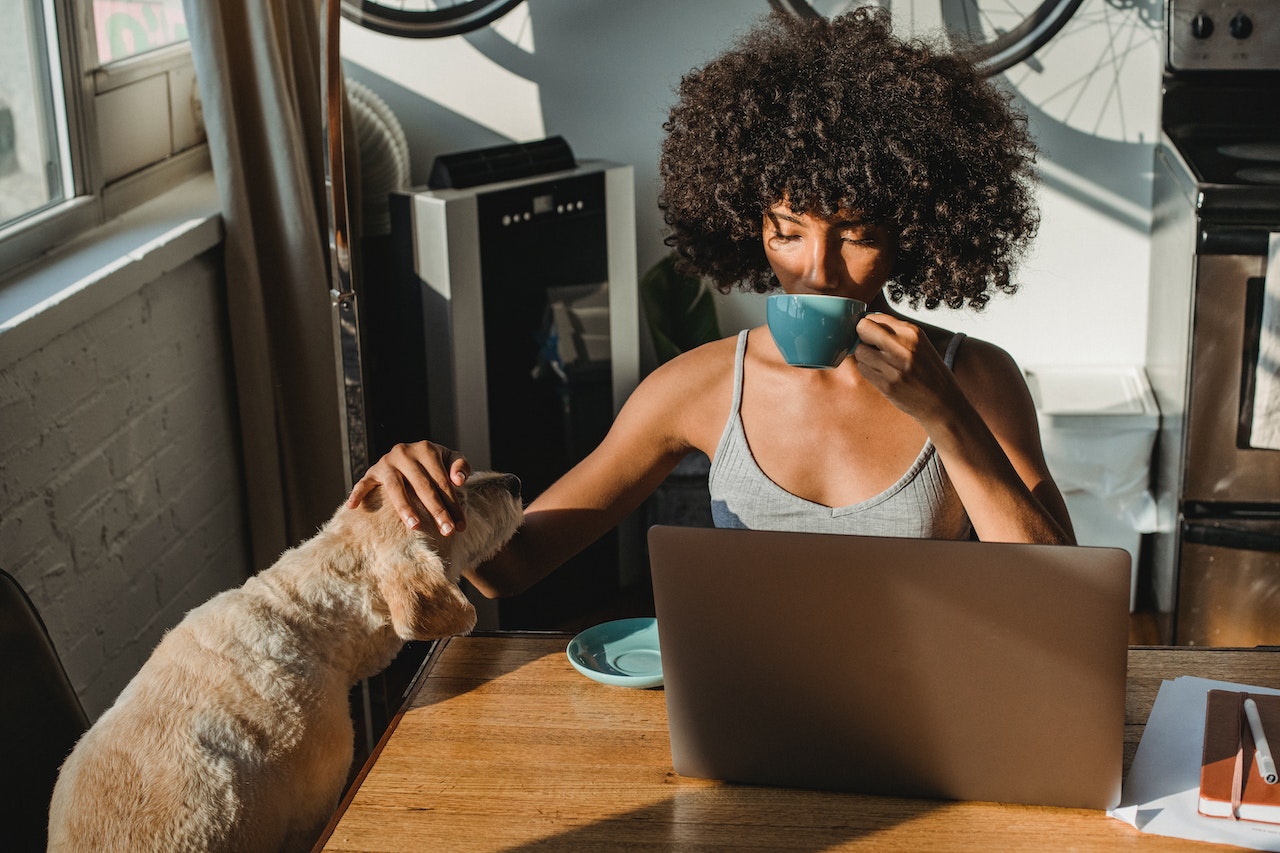 A person petting a dog while drinking coffee in front of a laptop