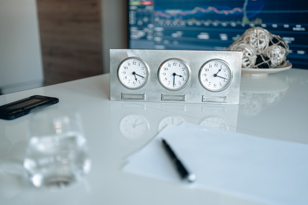A clock on an office table showing three different time zones