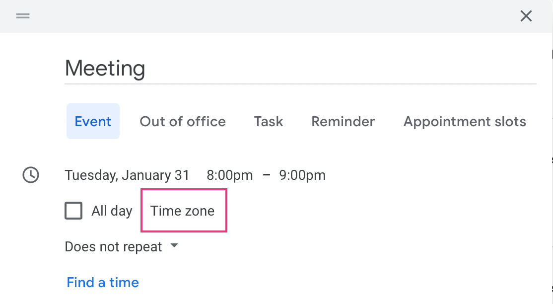 To change your time zone setting on Google Calendar, simply click on the Time Zone button