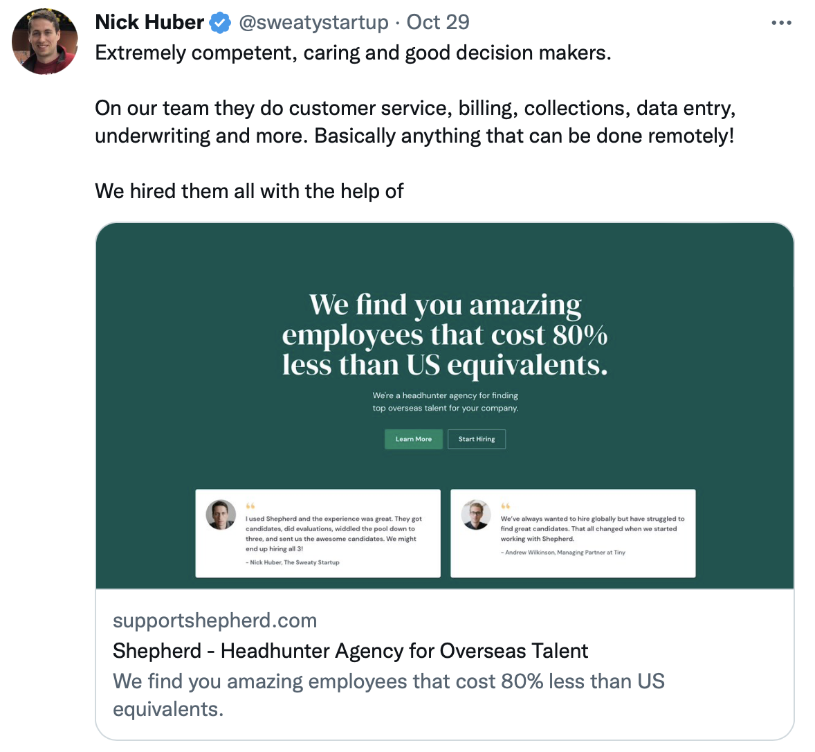 A screenshot of Nick Huber's tweet featuring Somewhere