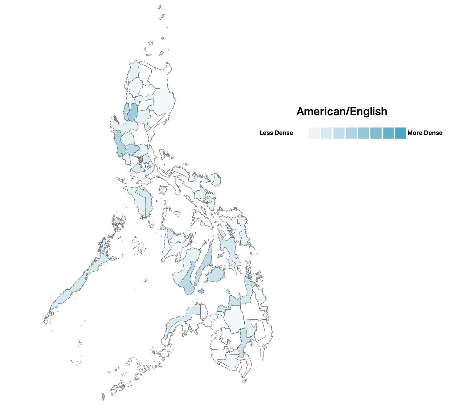 A map of the Philippines showing the places where English is heavily spoken