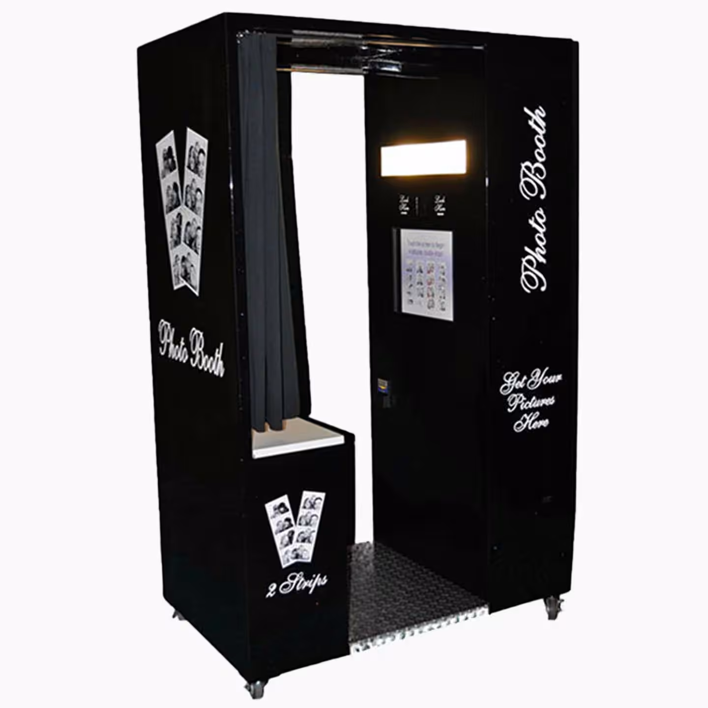 Black vintage photo booth with a curtain and sample photo strips on the side